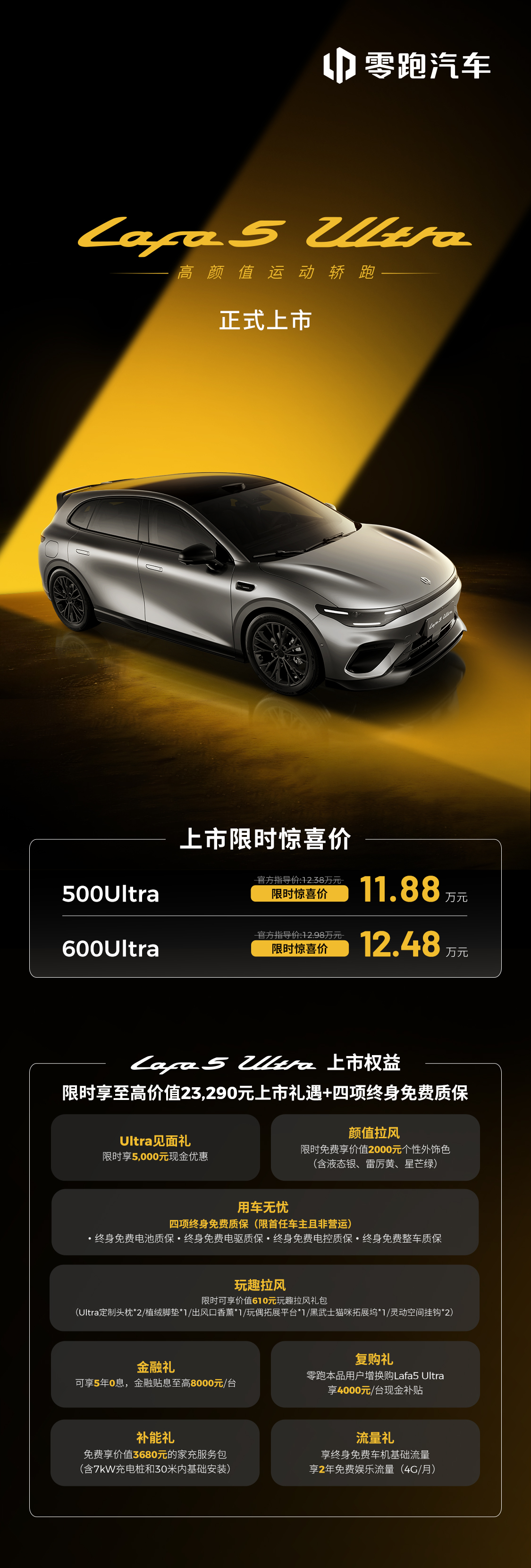 高颜值运动轿跑零跑Lafa5Ultra，正式上市限时惊喜价11.88万元起，上市