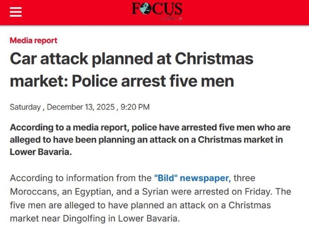德国警方挫败了一起伊斯兰主义者对德国圣诞市场的恐怖袭击。

周五，五名男子因涉嫌