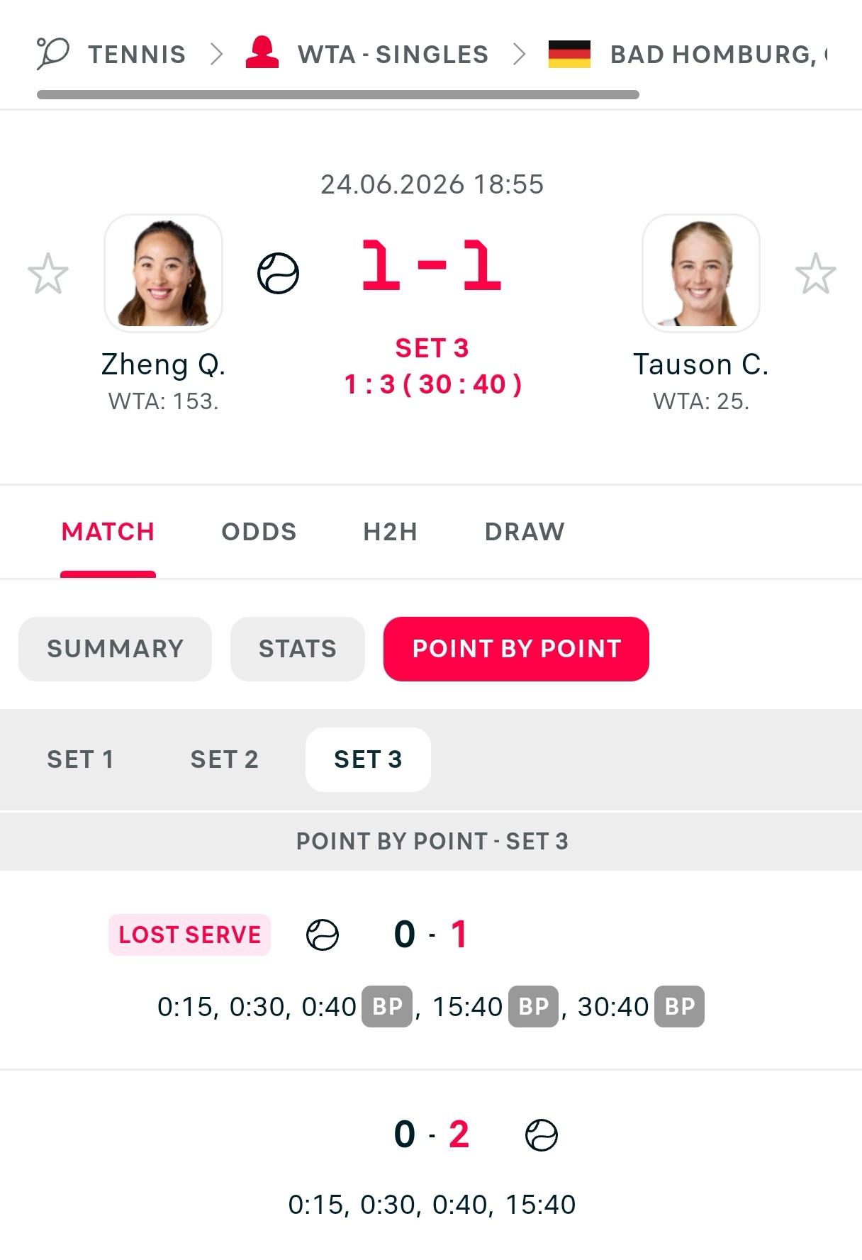郑钦文与陶森战成1-1，进入决胜盘，决赛盘郑钦文暂时1-3落后。