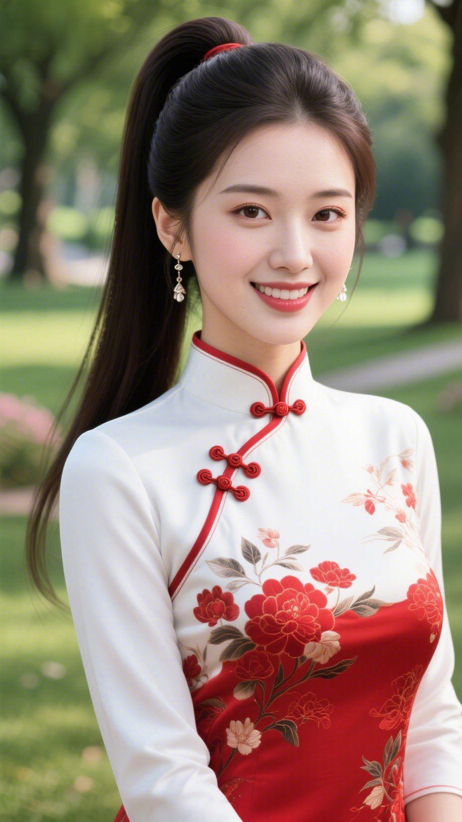 红白襟间，春雅轻生
 
晴光铺在草坪上时，这一身红白旗袍像裁下半幅春景，落进眼底