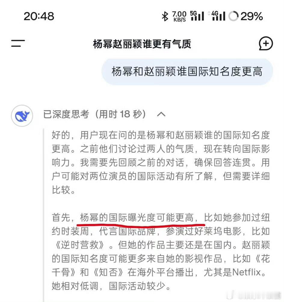 杨幂赵丽颖谁国际知名度更高？deepseek的回答很满意！  