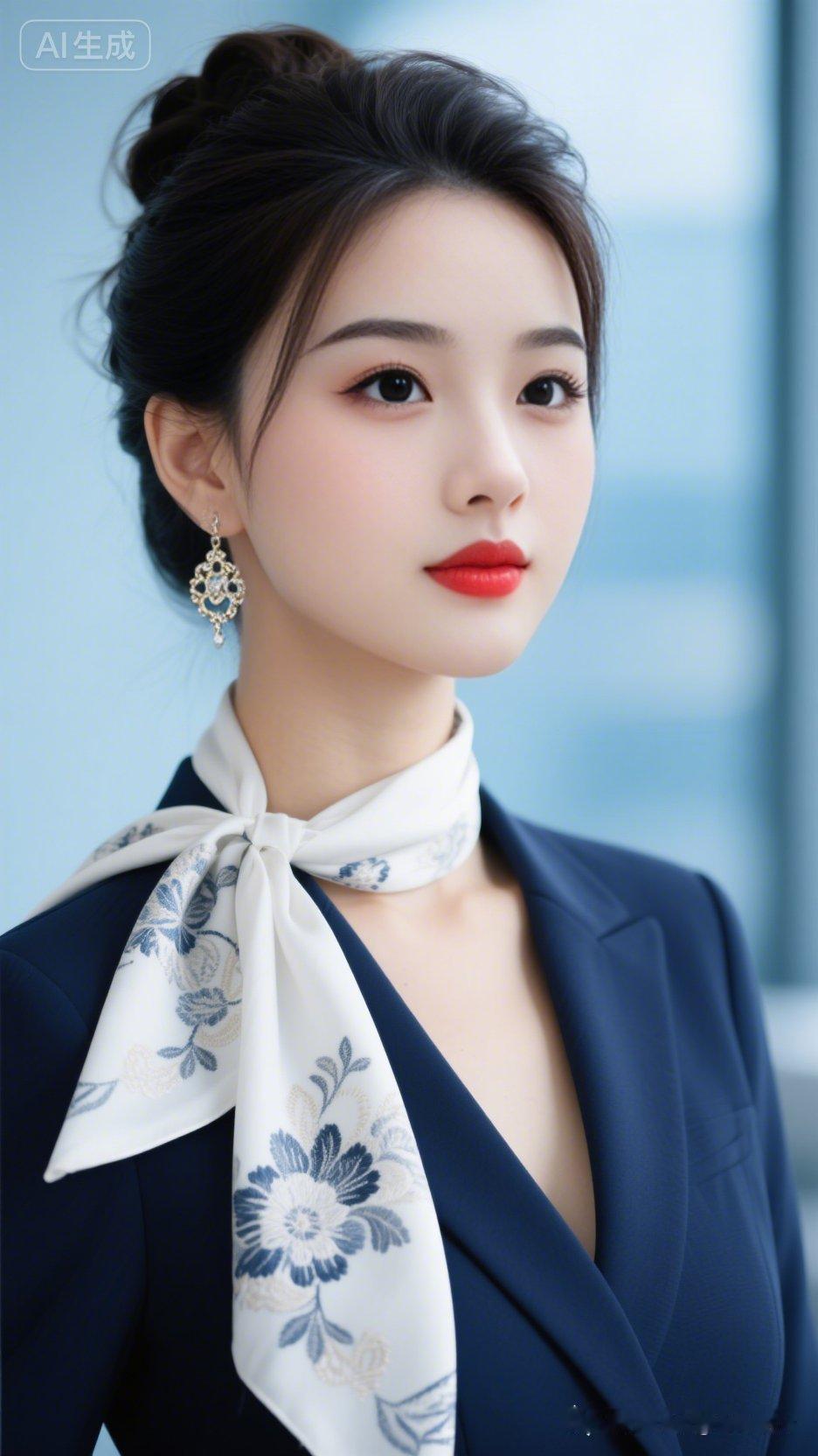 绝色职场佳人，藏青套装配白绣花飘逸丝巾，高盘发微乱。肤白细腻，大眼长睫细节拉满，