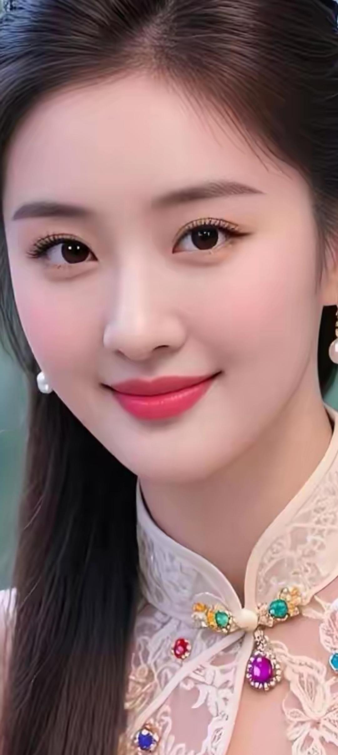 甜美可人的笑容，精致的妆容和华丽的项链，尽显优雅气质。