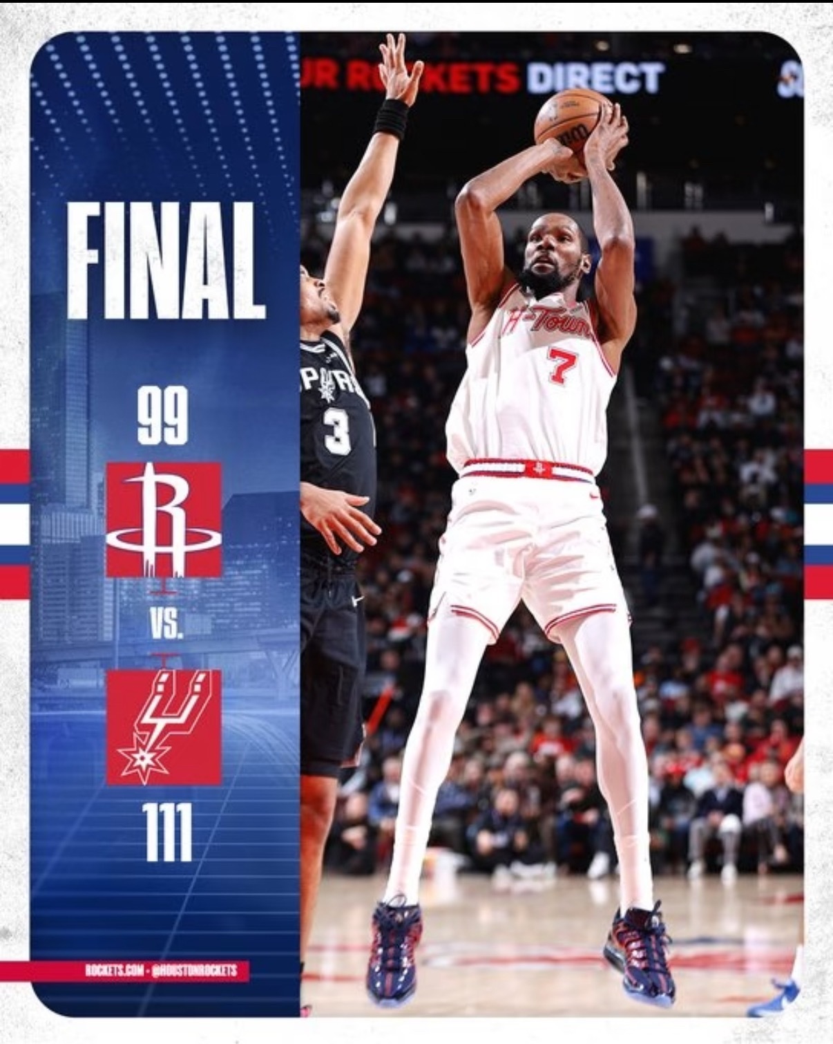 马刺vs火箭 NBA常规赛马刺111-99逆转火箭，火箭一度领先16分却末节仅得