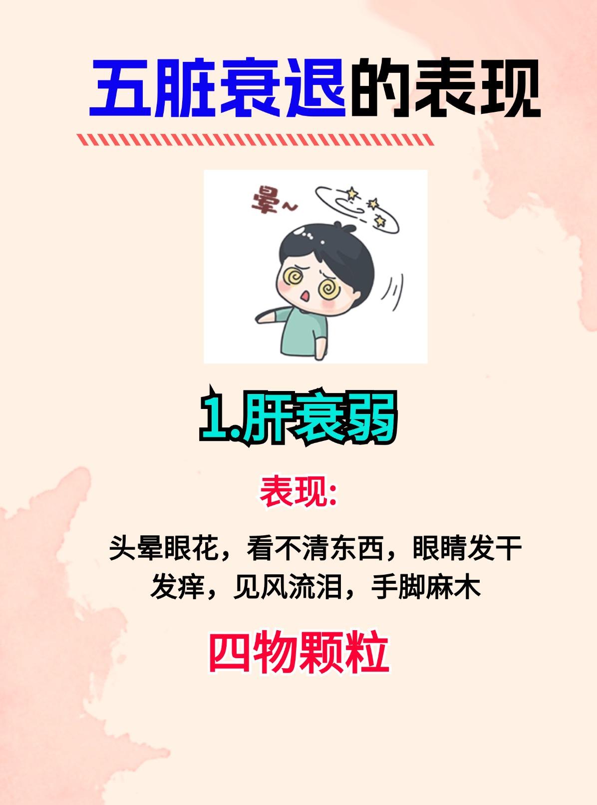 五脏衰退的表现[谢谢][谢谢][谢谢]

1.肝衰弱——四物颗粒
2.心衰弱——