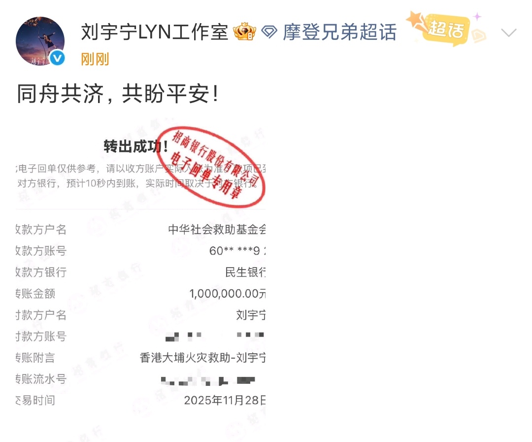 刘宇宁捐赠100万刘宇宁向香港捐款100万刘宇宁用个人账户 为香港大埔火灾救助 