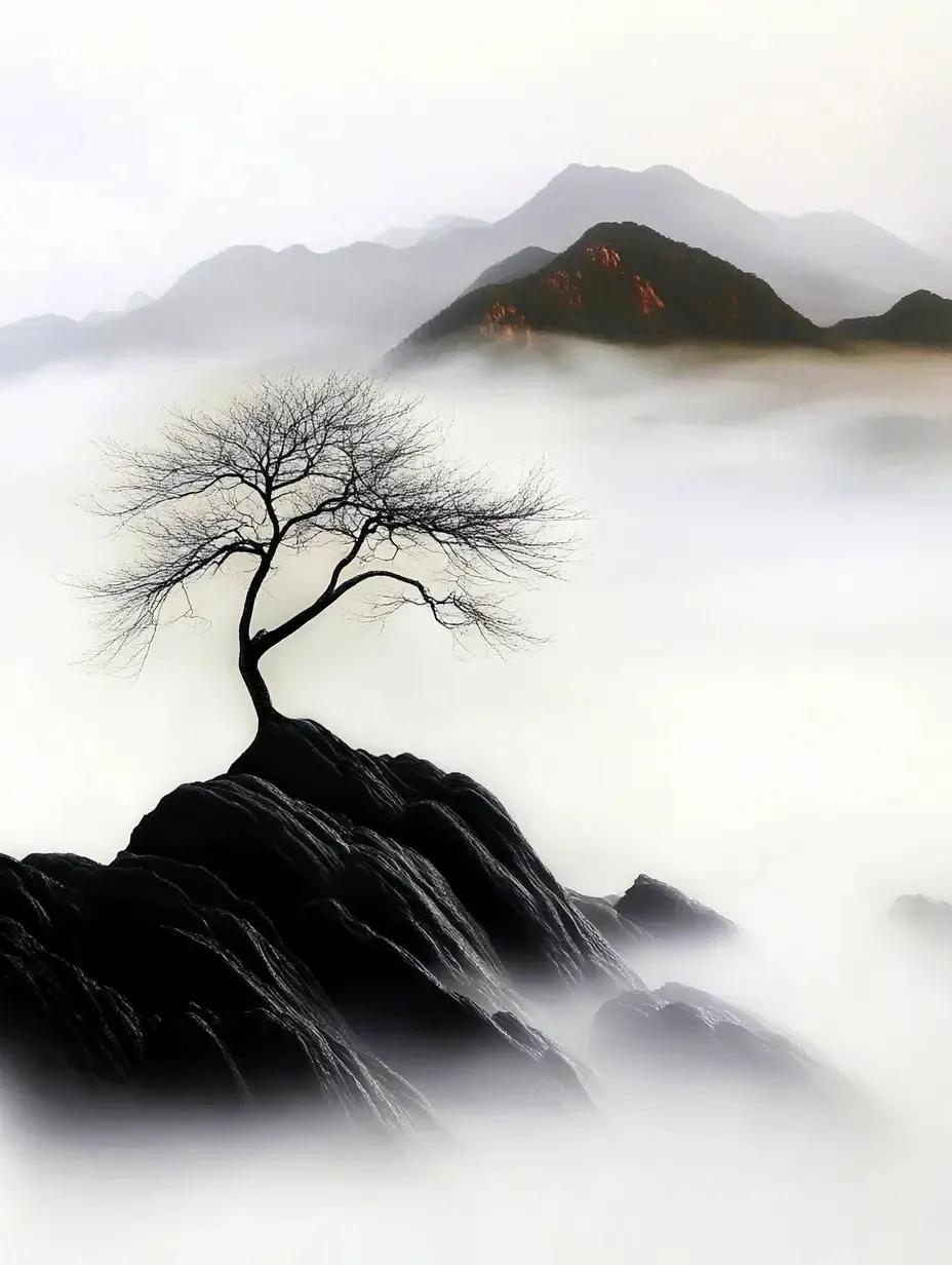 孤树屹立云海间，静观群山入梦眠。