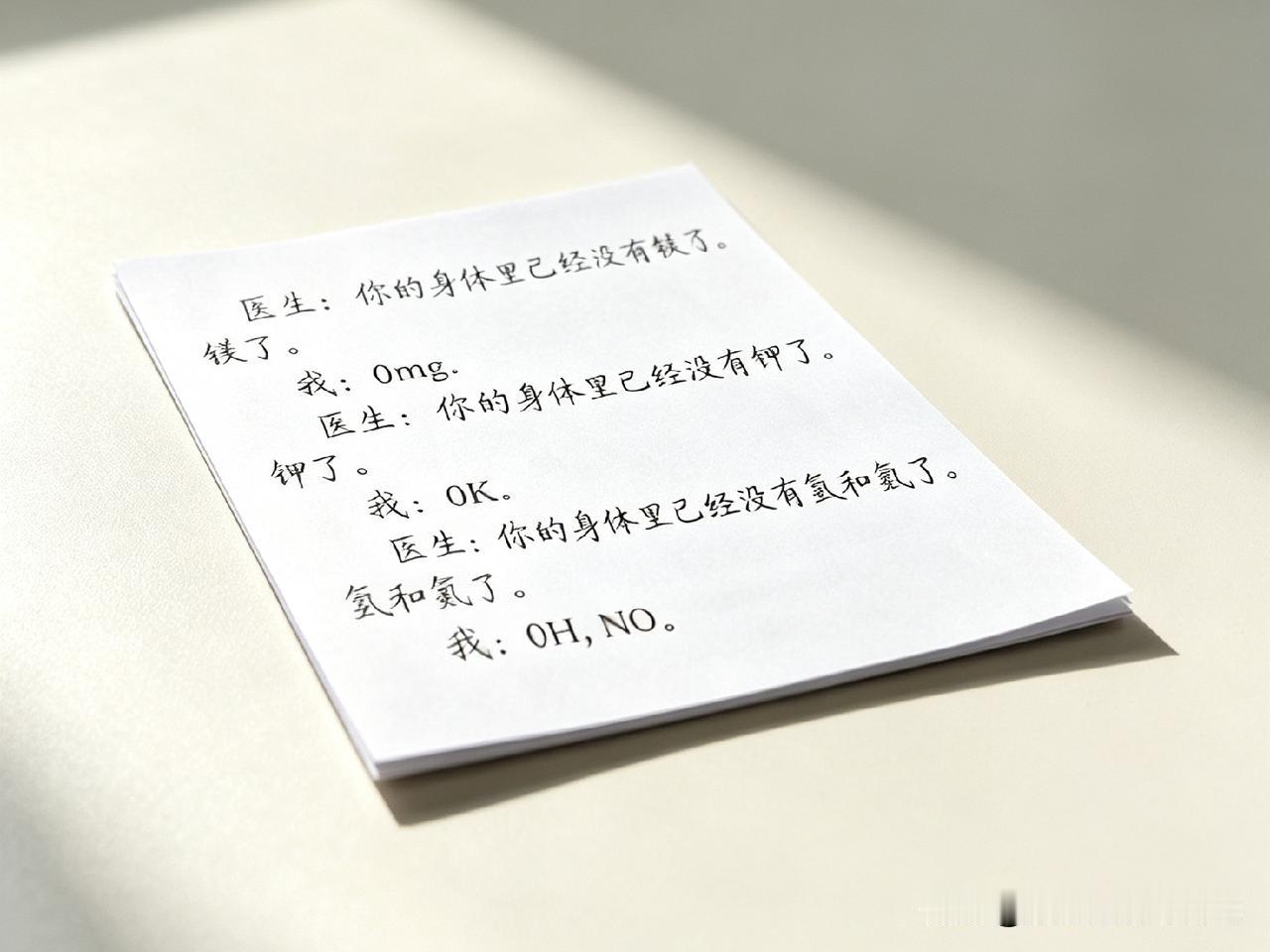 医生说缺这缺那，我一听就接话：0mg、0K、0H，NO！学过化学的都懂，这个梗太