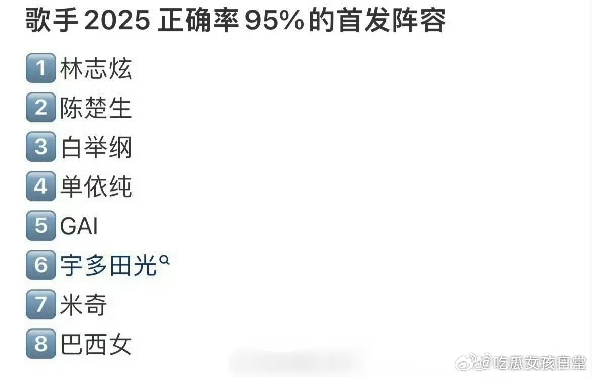 网传歌手2025首发阵容：林志炫  陈楚生  白举纲  单依纯 GAI 宇多田光