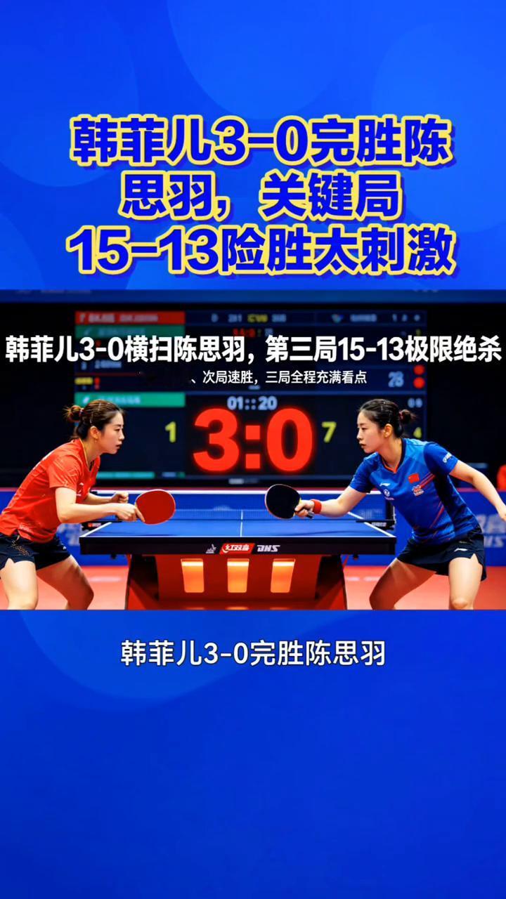 韩菲儿3-0完胜陈思羽，关键局15-13险胜太刺激。
三局激战分差拉满，韩菲儿3