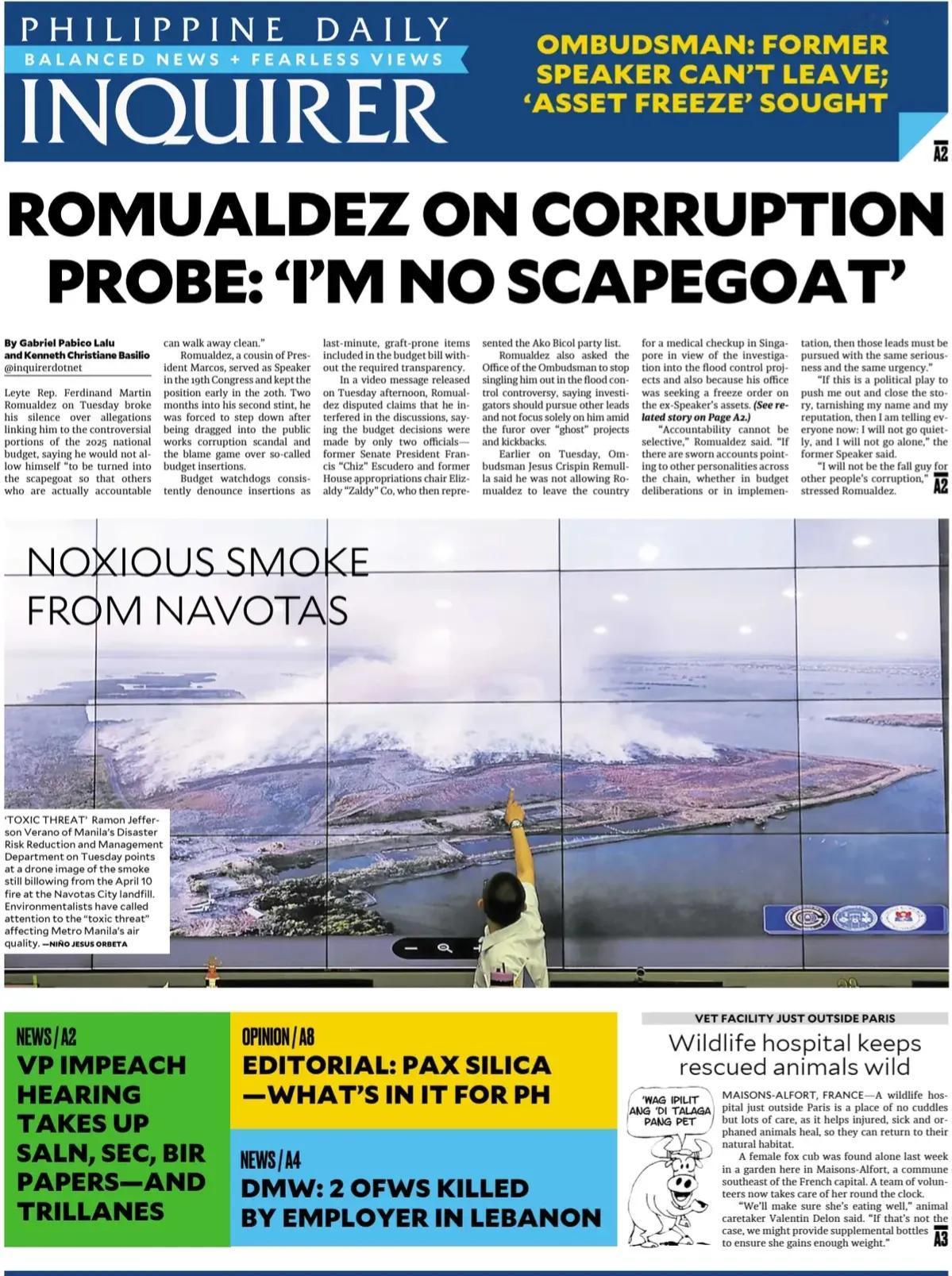 《菲律宾每日问询者》头版报道，菲律宾国内可谓是“冰火二重天”，一方面，由于菲律宾