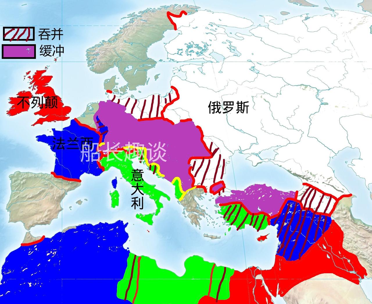 1914年一战爆发后，不列颠与法兰西及俄罗斯三个协约国立即参战。而同盟国的意大利