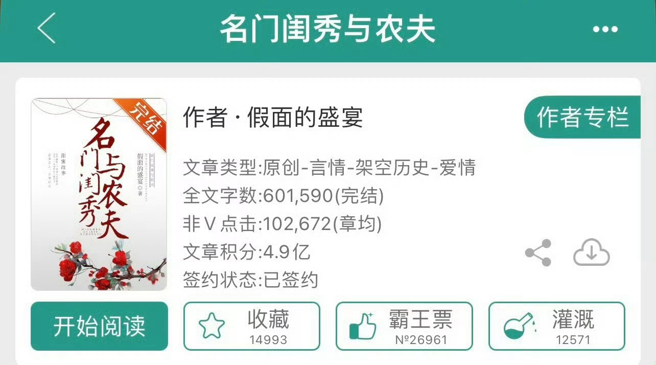 小说推荐：《名门闺秀与农夫》 作者:假面的盛宴简评：落难千金vs糙汉农夫，发家致