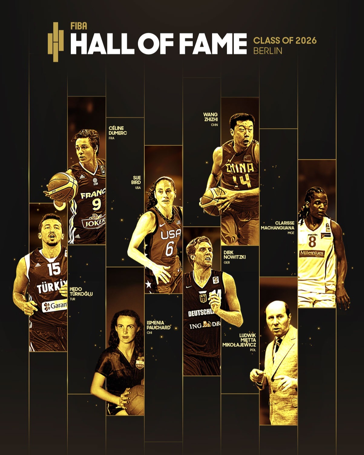 #王治郅诺维斯基开心交流# FIBA篮球名人堂入堂仪式，中国球员王治郅领取奖杯“