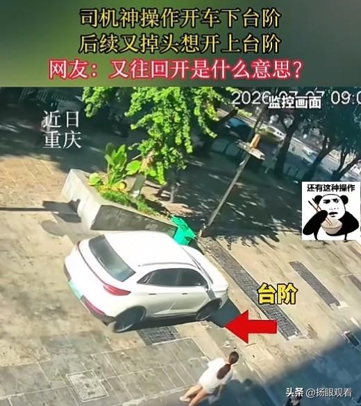 近日，重庆一司机神操作开车下台阶，后续又掉头想开上台阶。   网友:又往回开是什