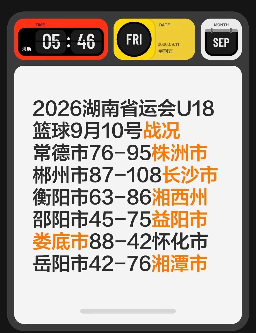 2026湖南省运会U18篮球9月10号战况常德市76-95株洲市郴州市87-10