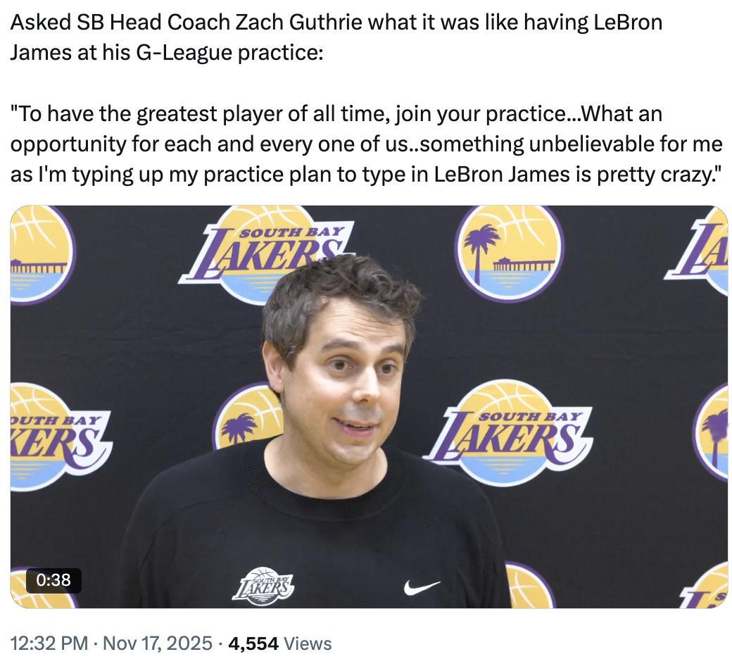 南湾湖人主教练扎克·古瑟里今天谈到他在训练中执教詹姆斯的感受：“能与史上最伟大的