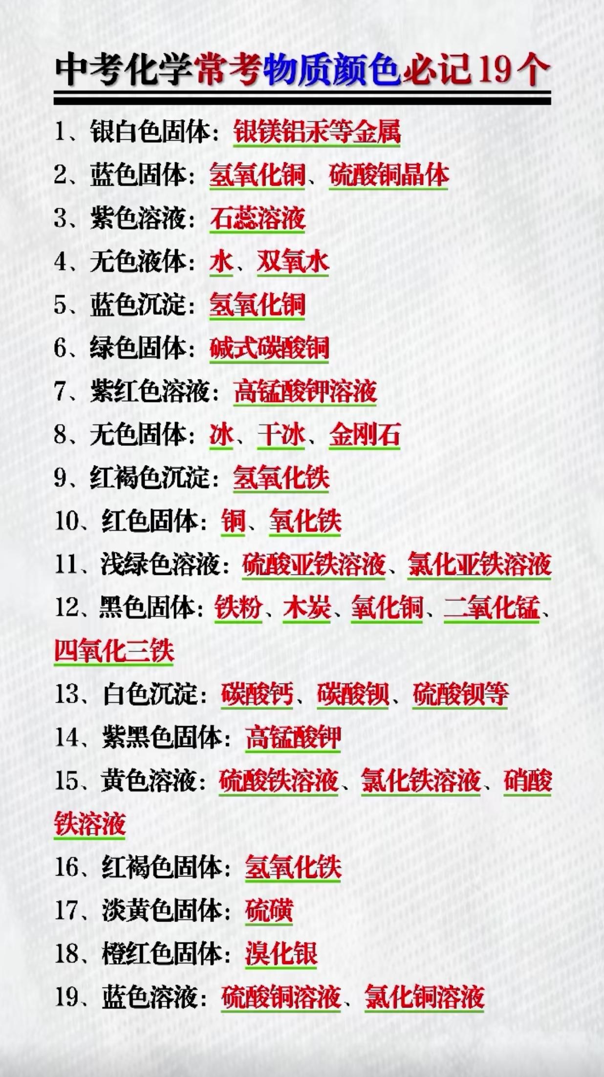 中考化学常考物质颜色必记19个