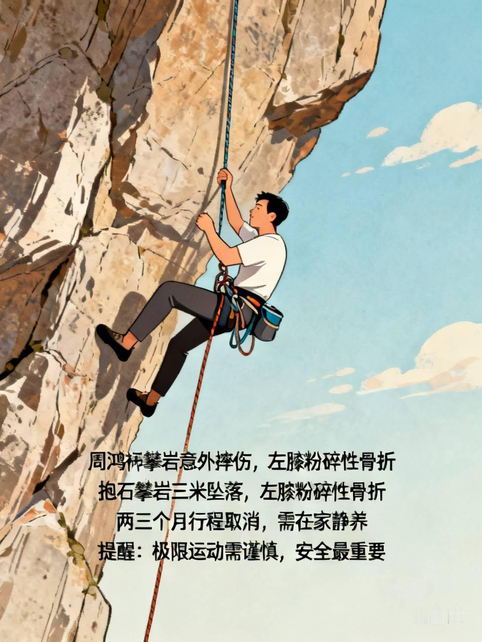 标题：周鸿祎攀岩意外摔伤，左膝粉碎性骨折
周鸿祎自述，在进行抱石攀岩的时候，大约
