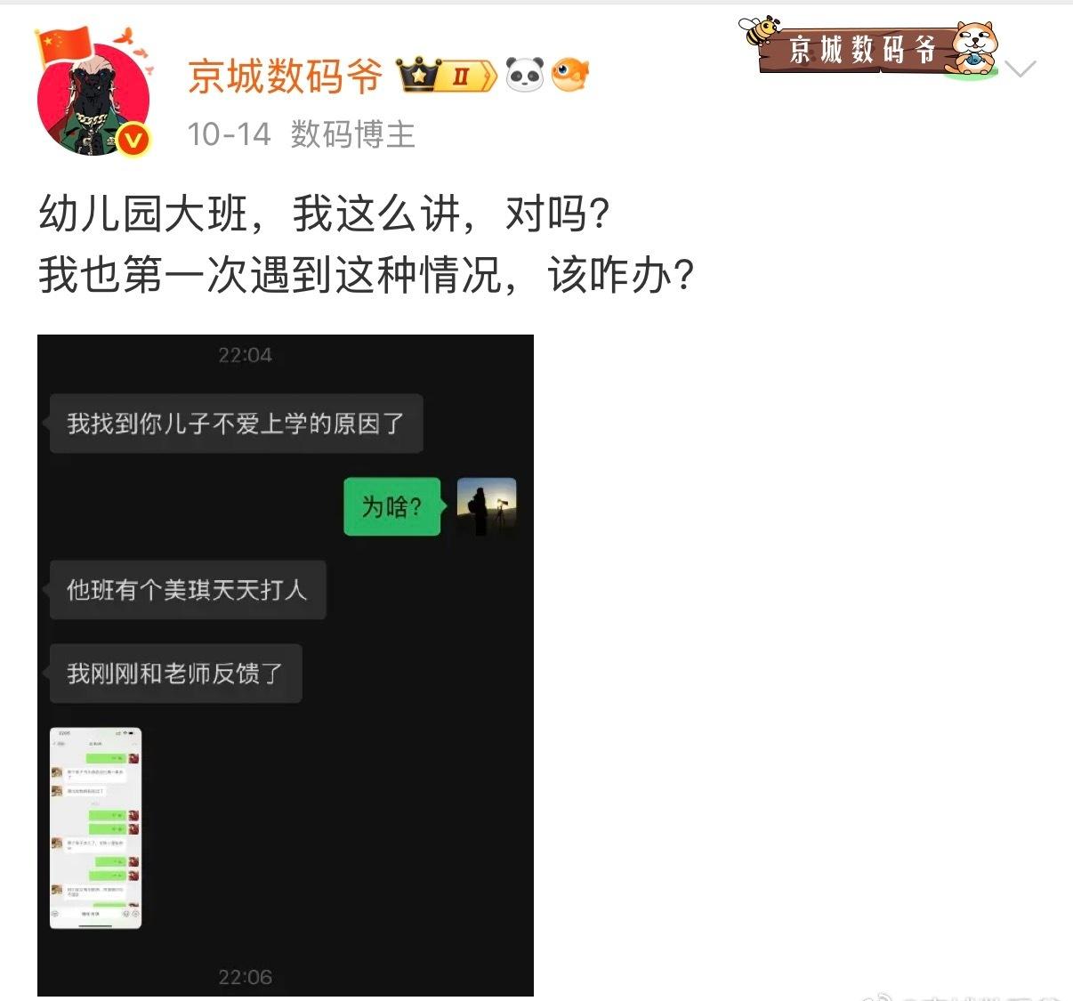 我儿子幼儿园的事情目前算是处理完毕了！
～我儿子说那孩子打他，他还回去了，并且告