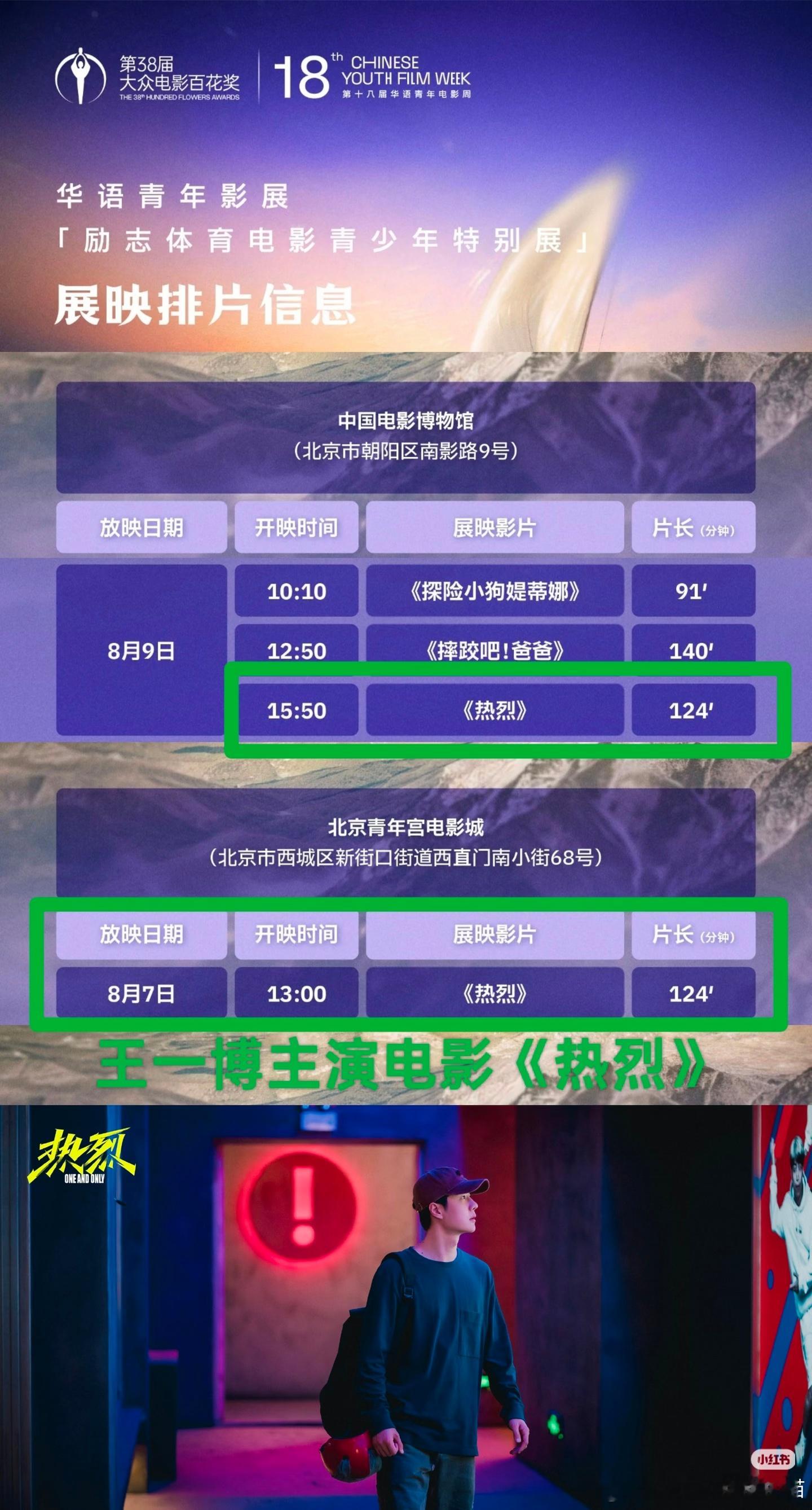🎉🎉由王一博主演的电影《热烈》将在第18届大众电影百花奖上展映展映排片时间：