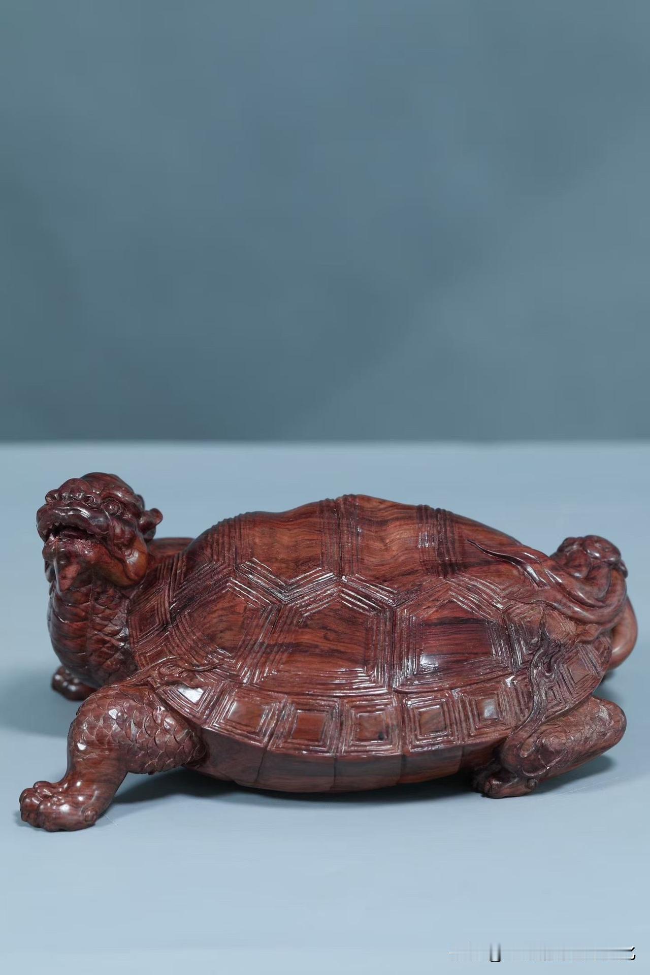 这只龙龟，看着不张扬，却很“稳”。

海南黄花梨的纹理顺着龟甲铺开，
像水流，又