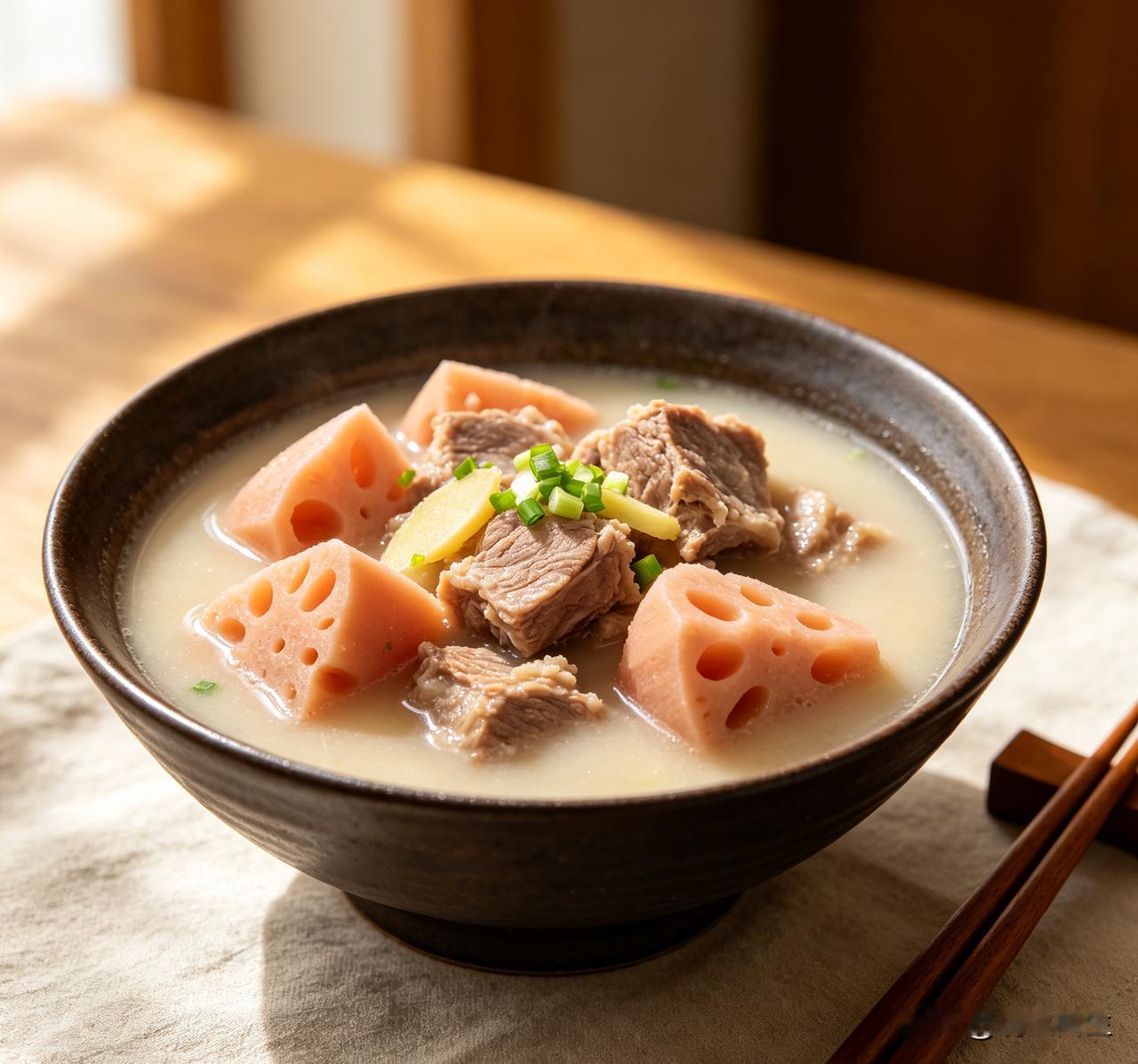 藕炖猪肉是一道鲜香入味的家常炖菜。选粉糯的老藕，去皮切滚刀块，猪肉切块焯水去除血