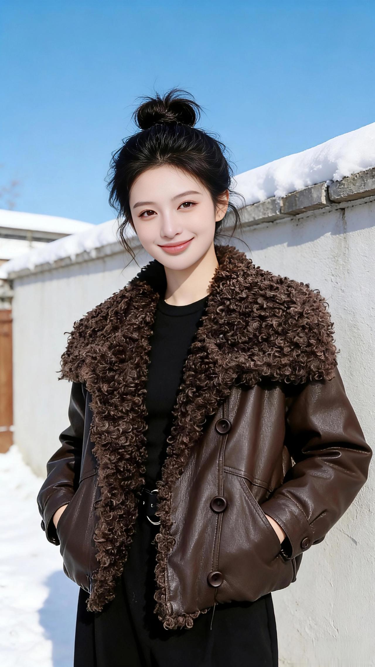 雪日棕裘
 
冬日的风裹着碎雪掠过院墙，檐角的积雪在晴蓝的天幕下融出细碎的银光。