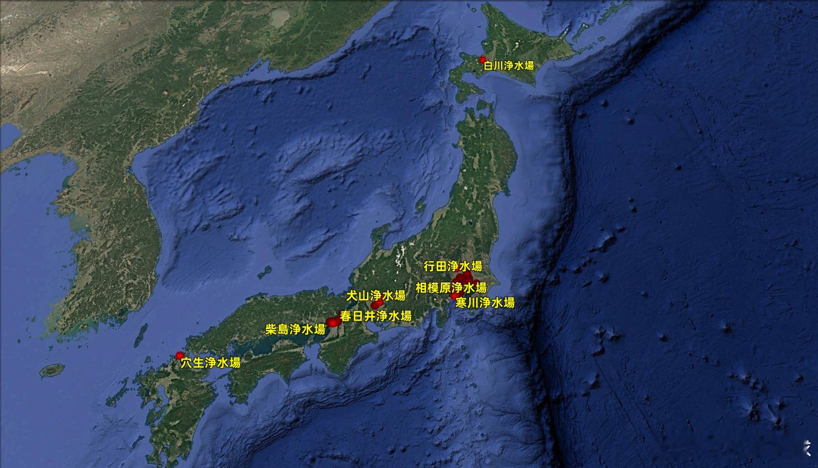 日本的最大的30家净水厂（自来水厂）分布图。净水厂的作用是将河流、湖泊等原水，通