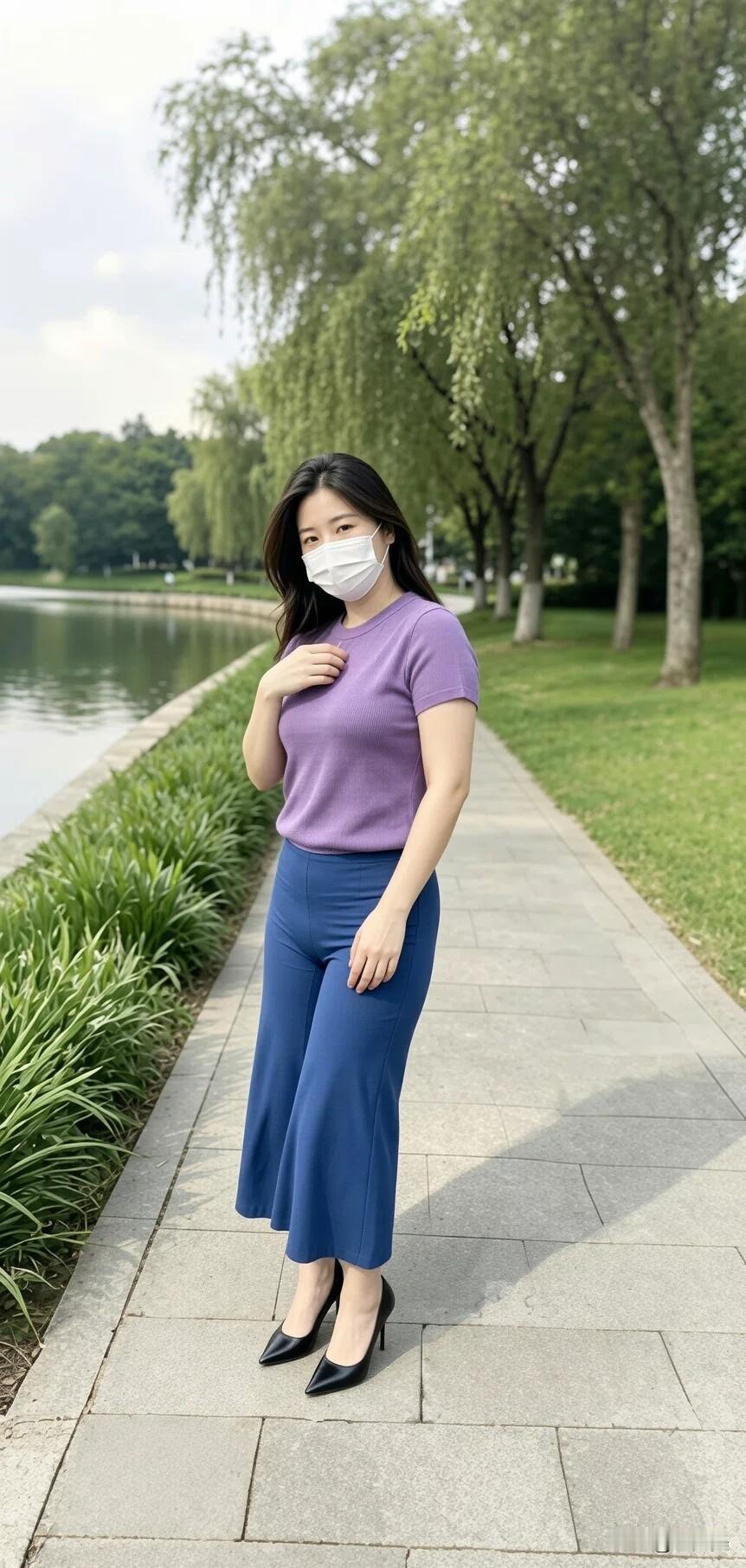 秋天是适合逛公园的季节，下班了就喜欢到公园走走。
今天换上这件紫色针织短袖，搭配