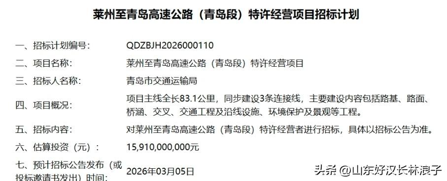 159.1亿元、83.1km～～莱州至青岛高速青岛段预计3月开招～～