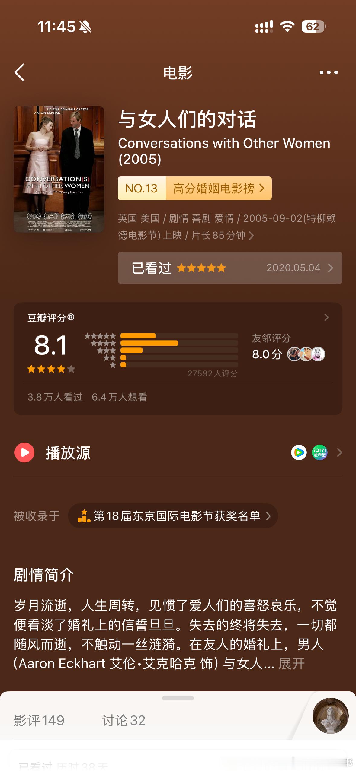 大概6年前我看的《与女人们的对话》，当时痛哭流涕觉得这是全世界最好的异性恋电影。