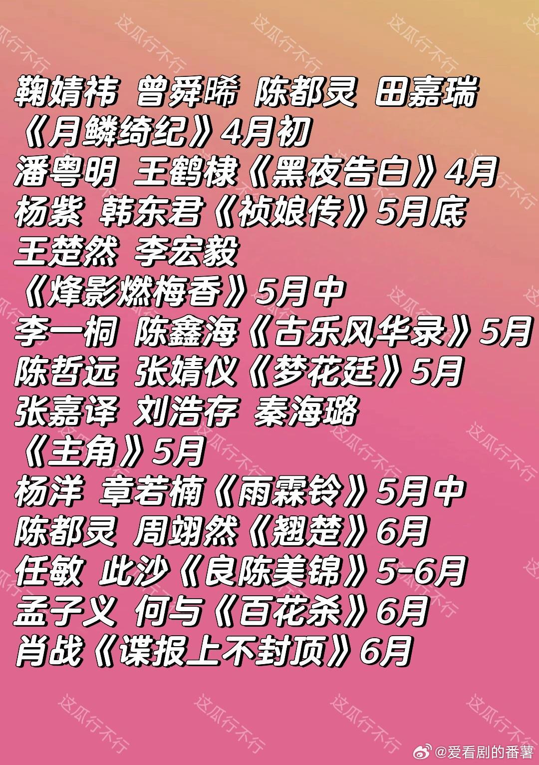 📊剧排播鞠婧柿 曾舜晞 陈都灵 田嘉瑞《月鳞绮纪》4月初潘粤明 王鹤棣《黑夜告