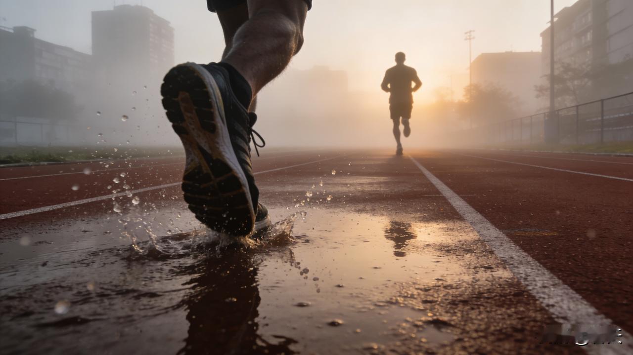 晨雾掠耳，跑鞋叩响晨光，孤身冲破惰性囚笼，自律步点撞向自由晴空