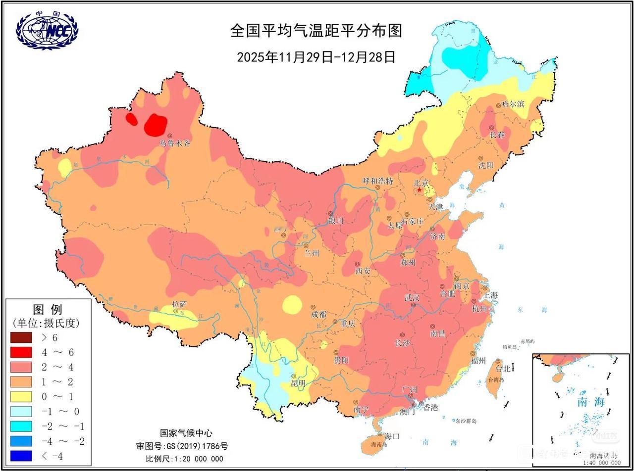 十二月份全国平均气温距平分布图，全国大部分地区比以往十二月的气温偏高，看来25-