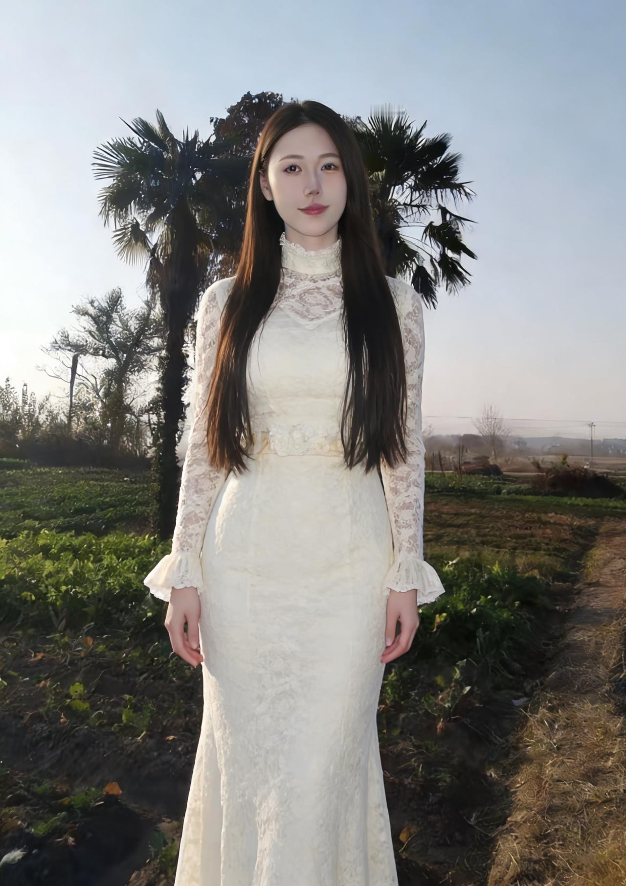 素裙裁晓日，棕树映芳姿。
风梳蕾丝软，春痕上草茨。