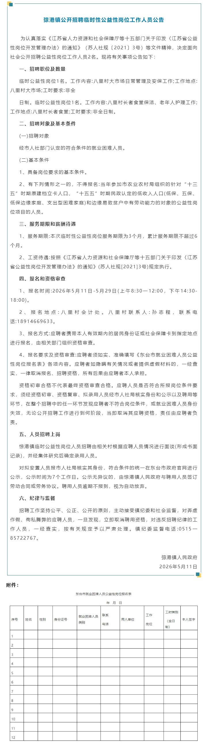 东台市弶港镇发布临时性公益性岗位招聘公告，面向就业困难人员招聘2名非全日制工作人