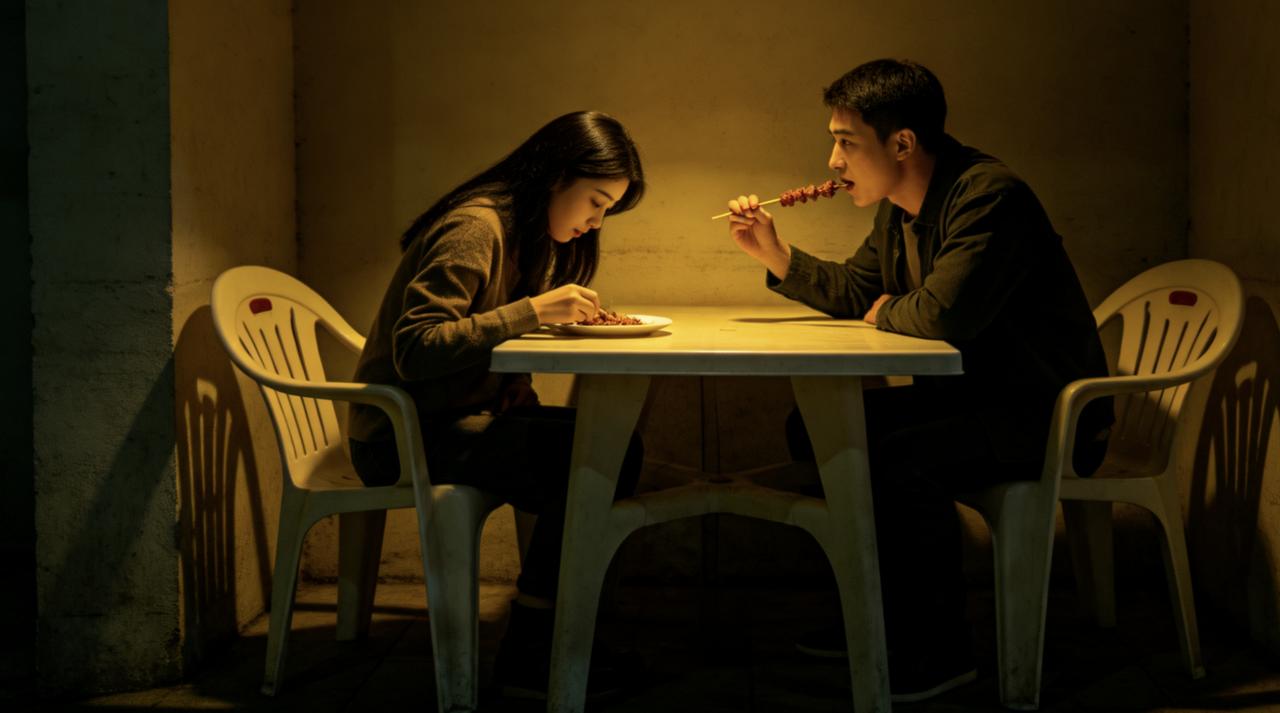 深夜的烧烤摊，一对情侣坐在角落，安静地吃着。
女生忽然放下筷子：“我们分手吧。”