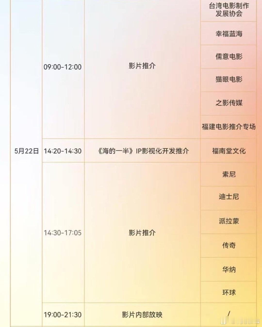 全国第29届电影推介会日程安排5.21 上午：中影        下午：华夏、大