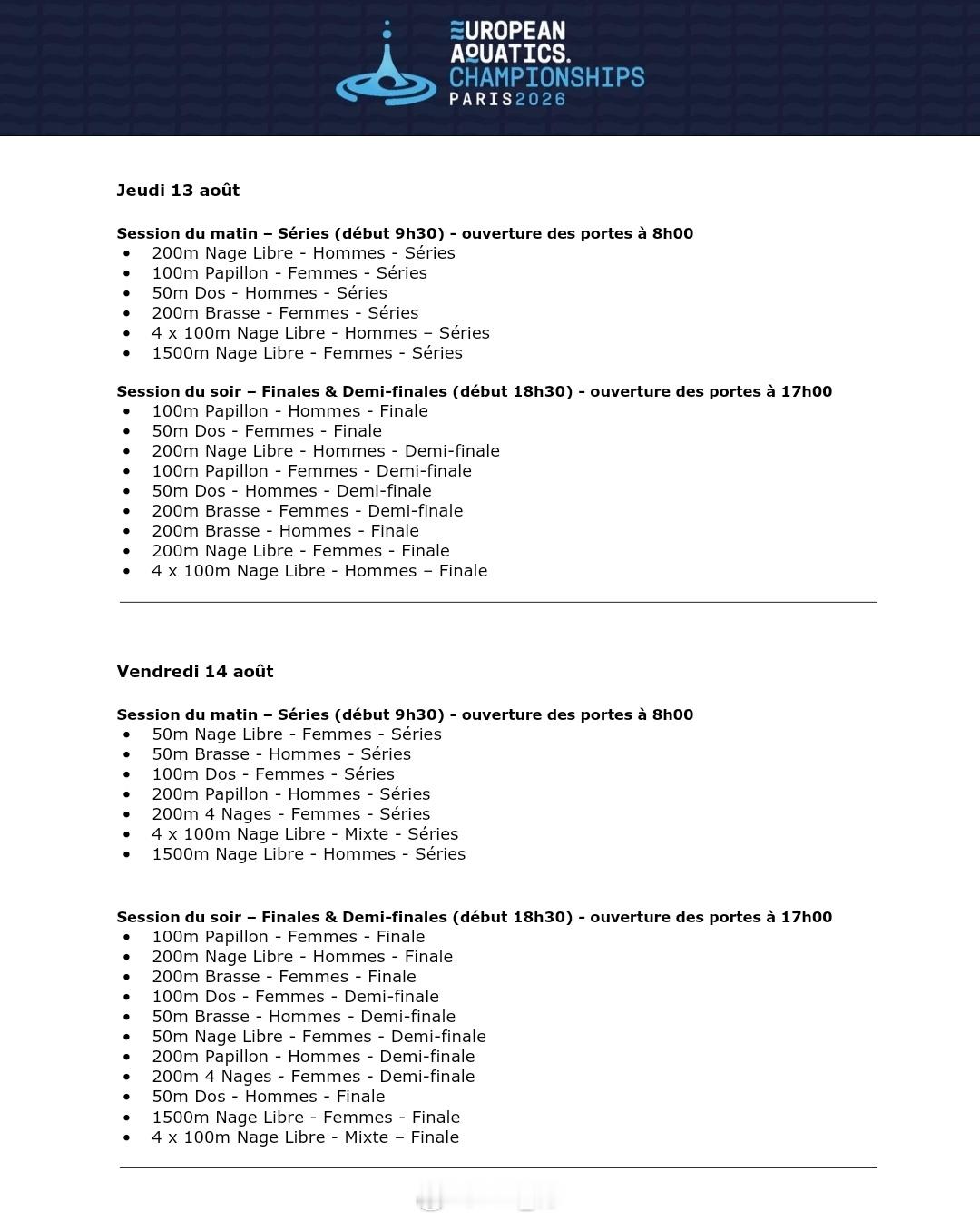 巴黎欧锦赛游泳🏊♂️项目赛程（8.10-16）预赛当地时间9:30开始，北京时
