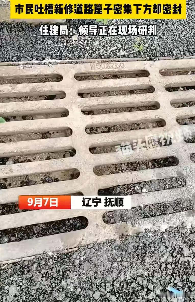 辽宁抚顺，一热心市民在网上吐槽，一条刚完工半个月的新修马路，路面加装了多个排水水