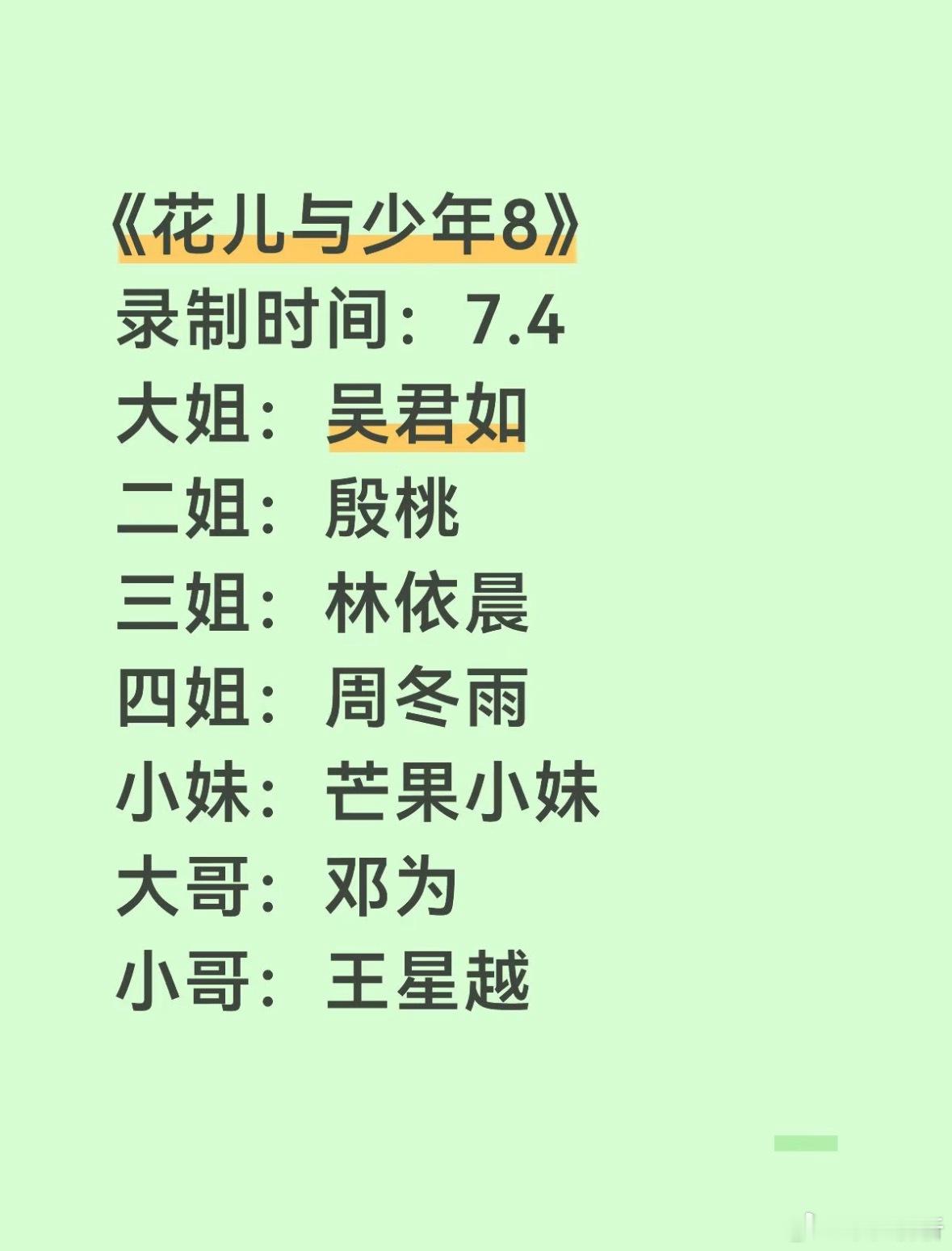 《花儿与少年8》录制时间：7.4大姐：吴君如 二姐：殷桃三姐：林依晨 四姐：周冬