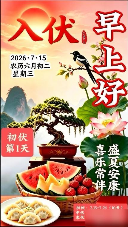 初伏第一天·早上好 一朝晨光至，盛夏入初伏，四十天加长三伏正式启幕，一盘水饺，纳