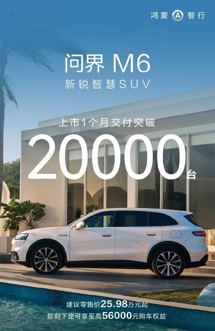 问界M6（25.98万元起）上市首月交付2万台，这个成绩咋样？
该车4月22日上