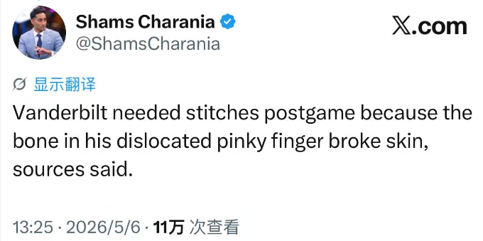 Shams：消息人士透露，湖人前锋范德比尔特遭遇了严重的右手小指完全脱臼的伤势。