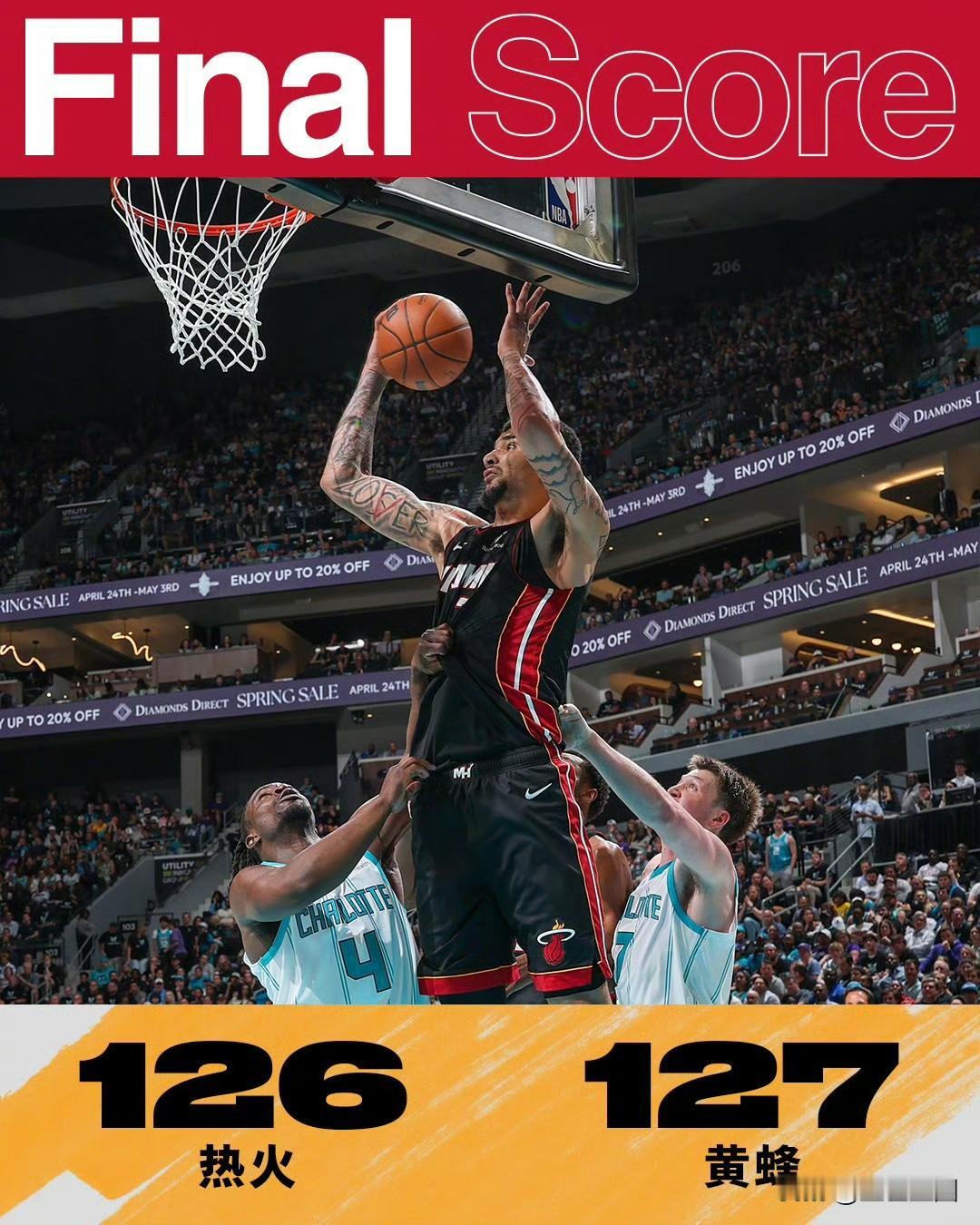 东部附加赛黄蜂加时127:126险胜热火，有机会以第八的身份杀入季后赛！
热火这