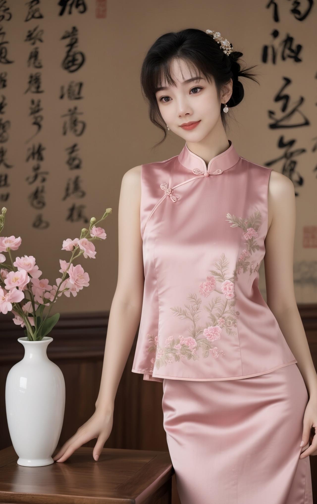 优雅旗袍，粉色花枝，古典韵味，尽显东方之美