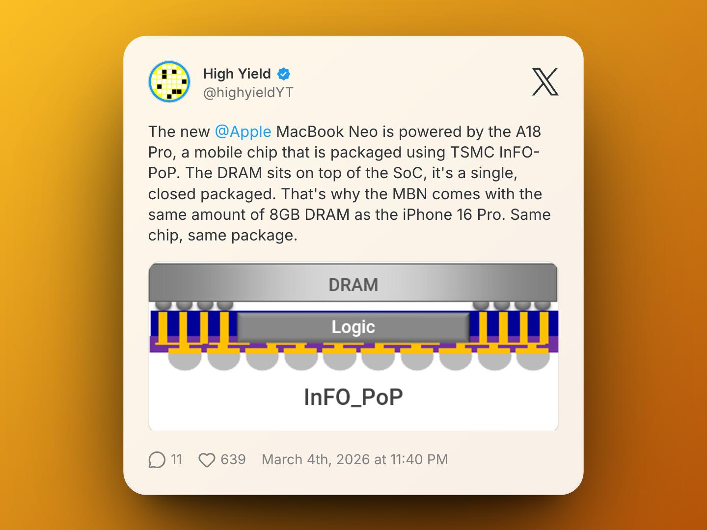 苹果MacBook Neo为何只有8GB运存？分析认为是A18 Pro设计限制