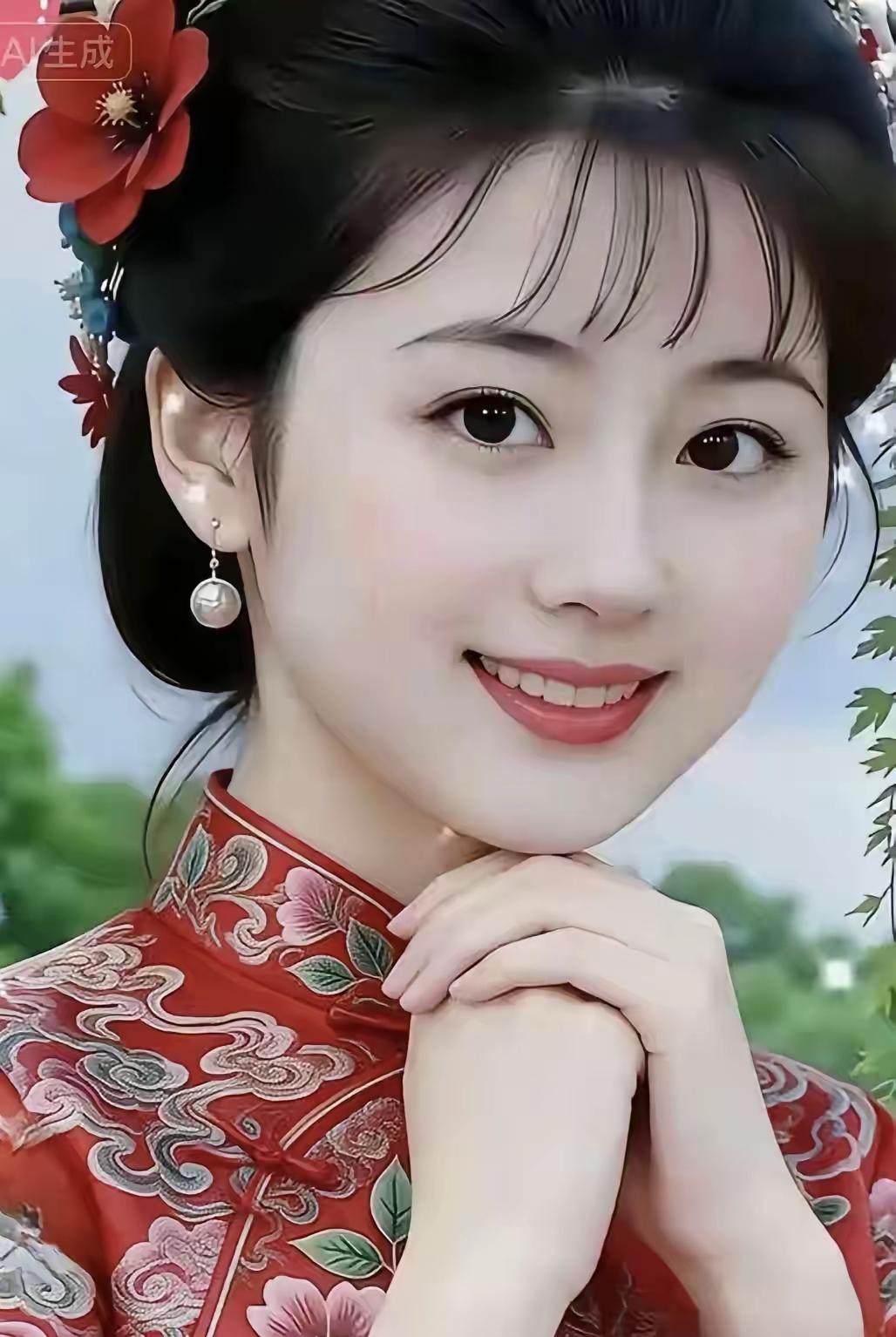 古典美人，红衣飘逸，笑靥如花。