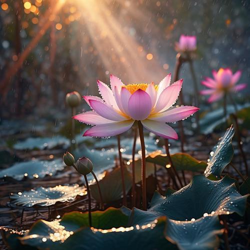 上联：风为伴，月探荷塘花不语；
下联：水相依，日照莲蕊露生辉。